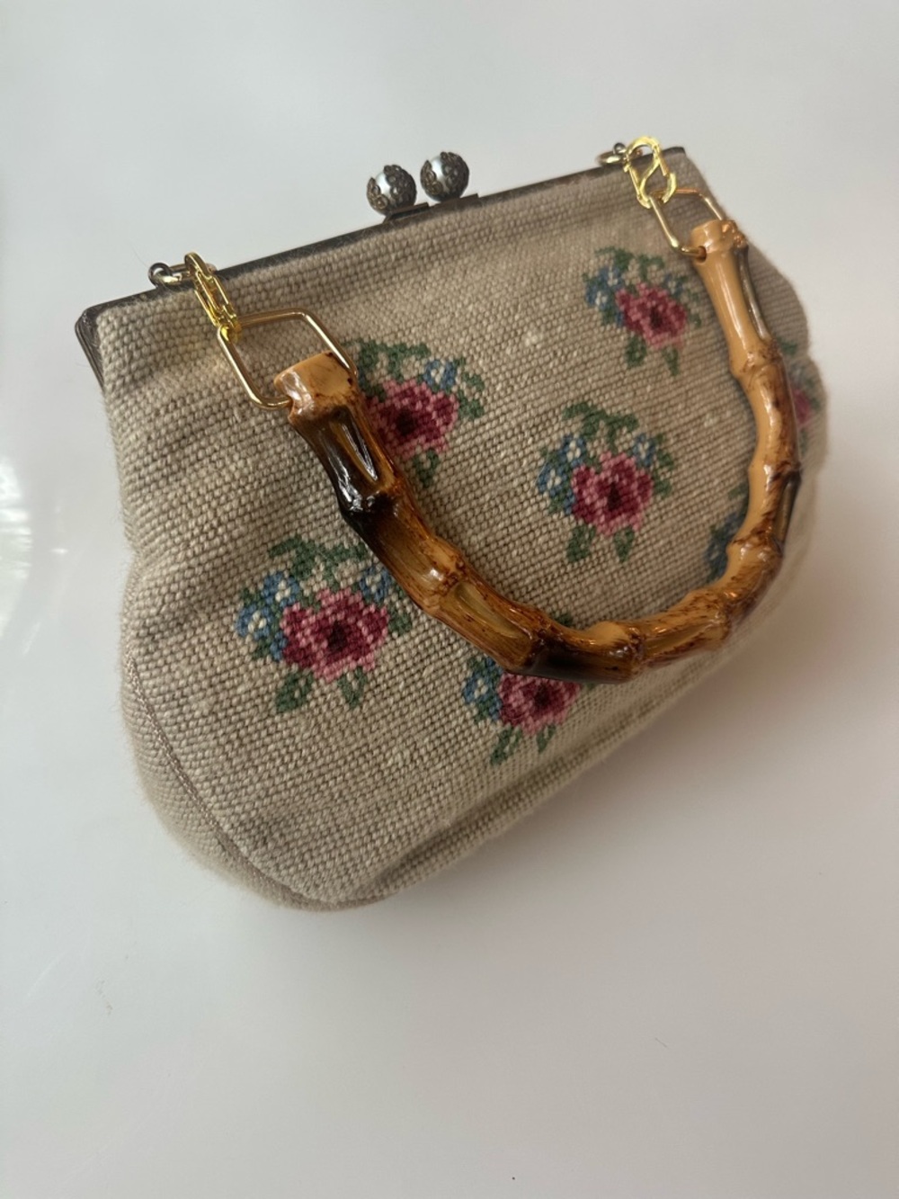 Vintage needlepoint purse, detachable Bamboo Handle by Christine's of Detroit